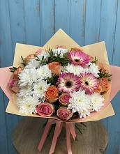 Букет цветов из:  Розы, Герберы и Хризантемы #REPLACE_PRED# Ровное