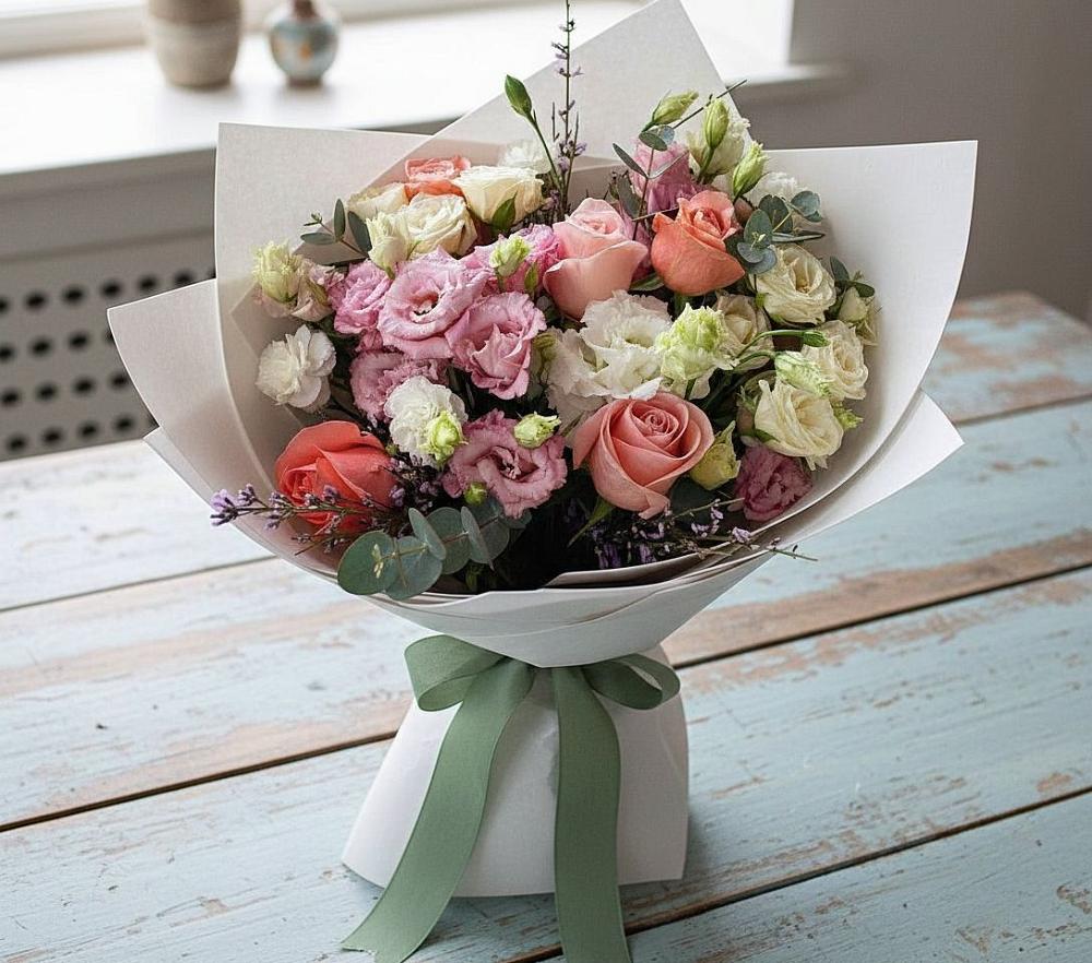 Букет цветов из: Розы, Лизиантусы и Гвоздики в Ровное