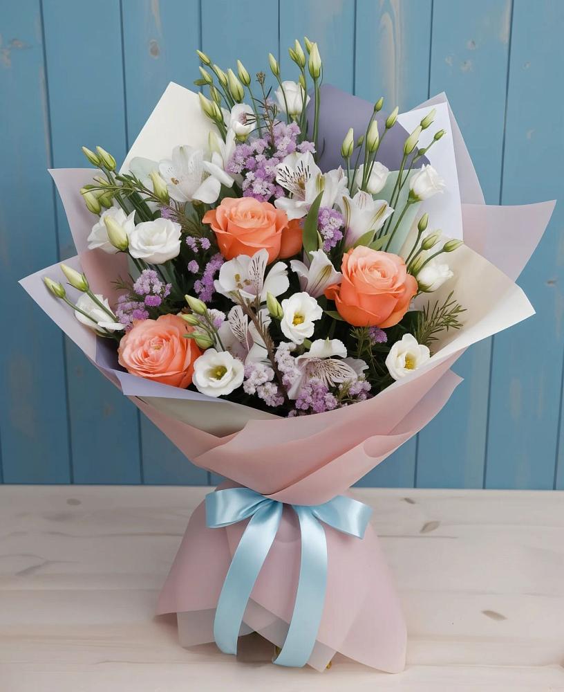 Букет цветов из: Лизиантусы, Розы, Альстромерии и Гипсофила в Ровное