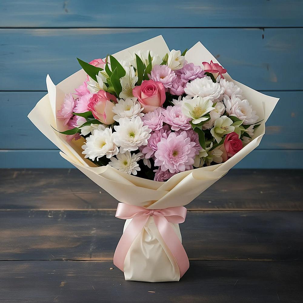 Букет цветов из: Хризантемы, Альстромерии и Розы в Ровное